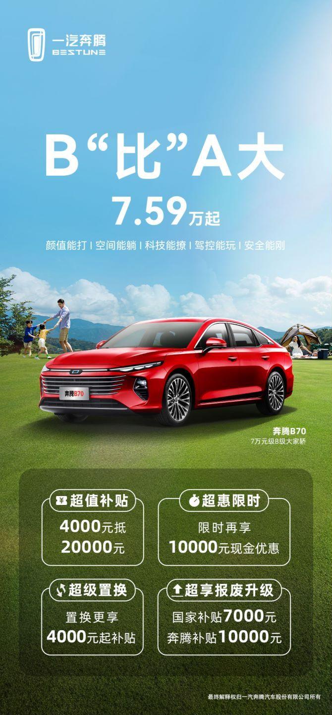 當幸福來砸門!奔騰B70起售價僅7.59萬,炫技B級家轎市場